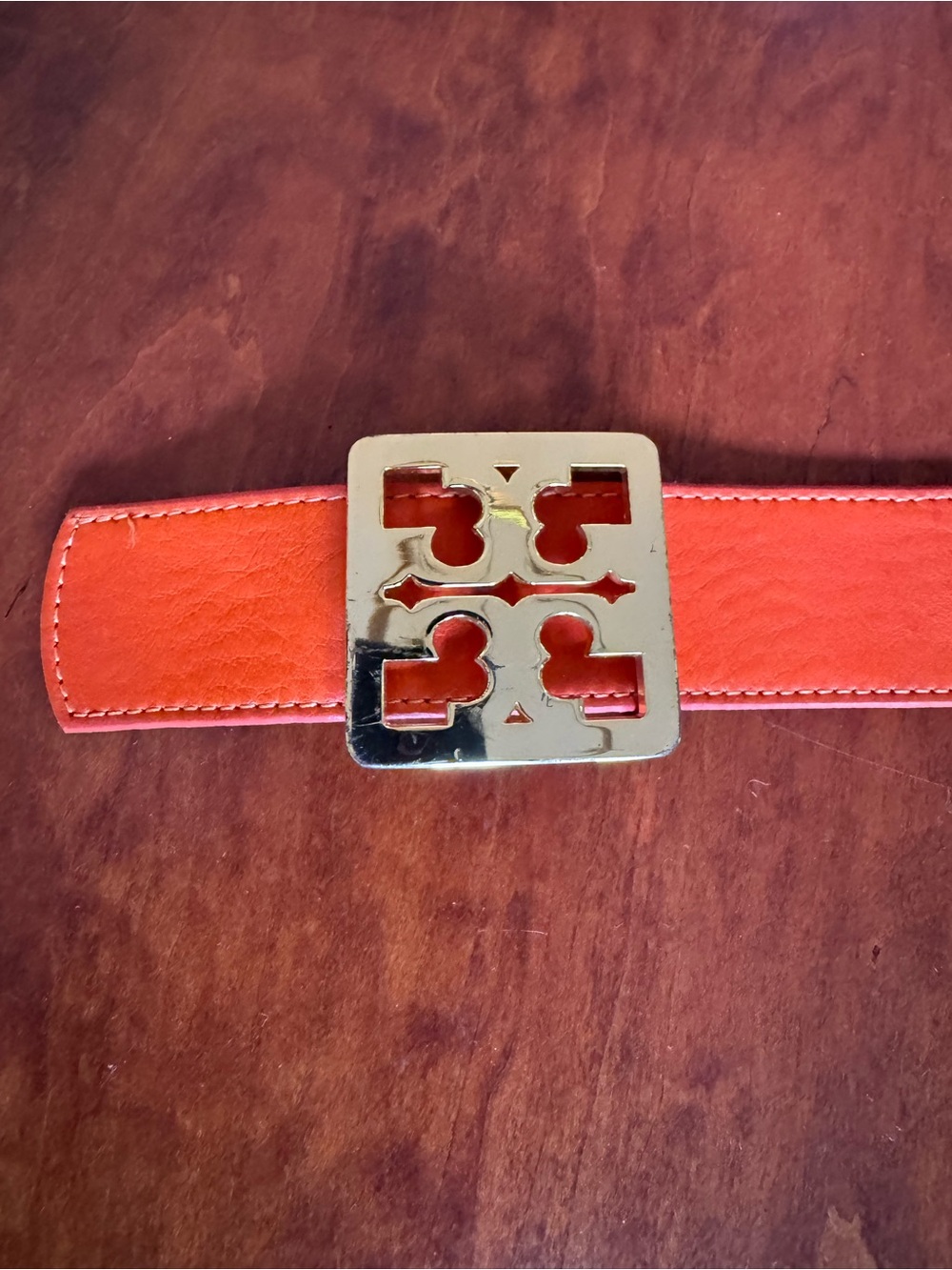 Tory Burch Orange and Tan Reversible Leather Logo Belt